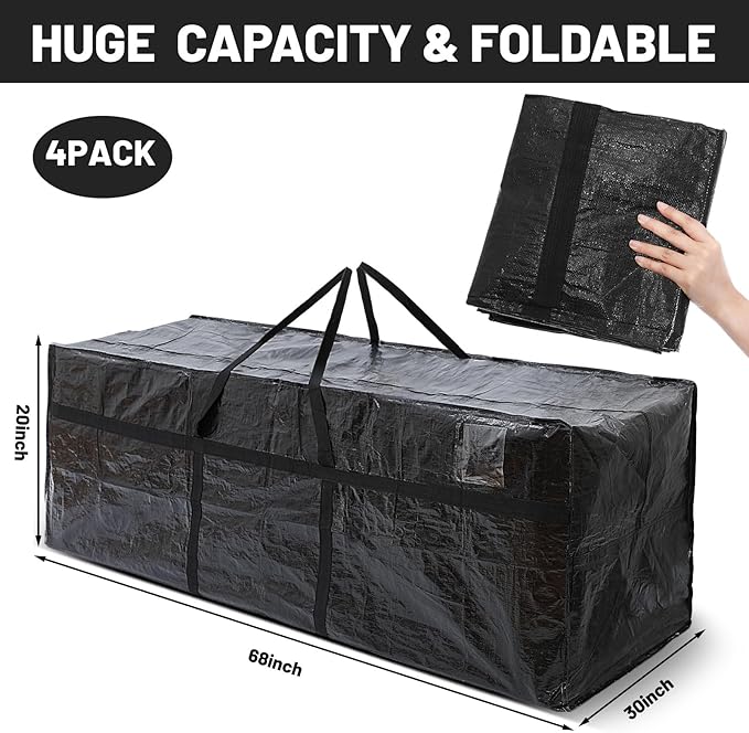 4 Pcs 176 Gallon Large Moving Bags with Zipper and Handles Foldable Storage Duffle Bags Heavy Duty Extra Large Totes for College Dorm Travel Clothes Blankets Bedding Moving (Black)