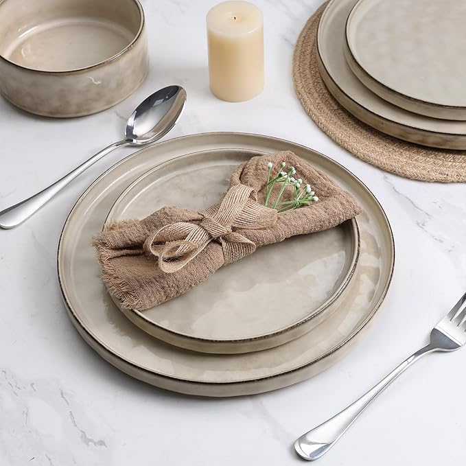 LIANYU Dinnerware Dish Set for 8, 24 Piece Stoneware Plates and Bowls, Ceramic Tableware Sets Includes Dinner Salad Plates, Cereal Bowls, Chip & Scratch Resistant, Sandy Beige
