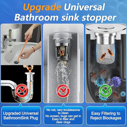 Sink Stopper Hair Catcher, Pop-up Sink Drain Strainer with Removable Stainless Steel Strainer Basket Hair Catcher, Bathroom Sink Strainer for Bathroom Sink Stopper Replacement