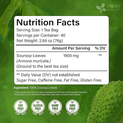 40 Premium Soursop Graviola Leaf Tea Bags, 100% Natural and Pure from Soursop Leaves, Handmade, Made With Natural Materials-Corn Fiber Tea Bag, Sugar/Caffeine/Gluten Free, Hoja Guanabana Tea