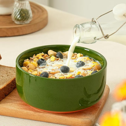 Stoneware Cereal and Soup Bowls Set of 4, 6-Inch Dual Glaze Ceramic Bowls for Breakfast & Oatmeal, Microwave and Dishwasher Safe, Forest Glaze Green