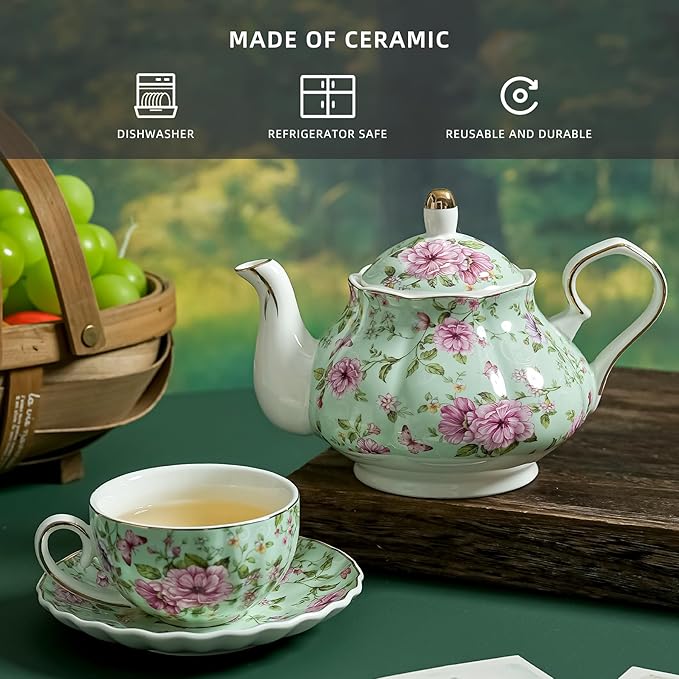 Flower Ceramic Teapot,22oz Porcelain Tea pot for Tea Coffee Milk for Office Home Men Women as Gift (Green)