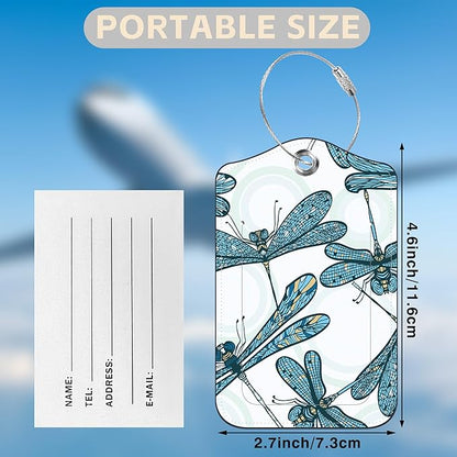 2 Pack Luggage Tags for Suitcases Vintage Blue Dragonflies Leather Luggage Tags Privacy Cover ID Label with Stainless Steel Loop and Address Card for Women Men Travel Bag Backpack