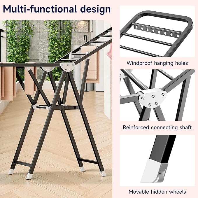 MIKEE Clothes Drying Rack,Stainless Steel Foldable Laundry Drying Rack for Indoor & Outdoor Use，with Height-Adjustable Wings，2-Tier Clothes Rack with Windproof Hanging Holes and Wheels，132 lbs