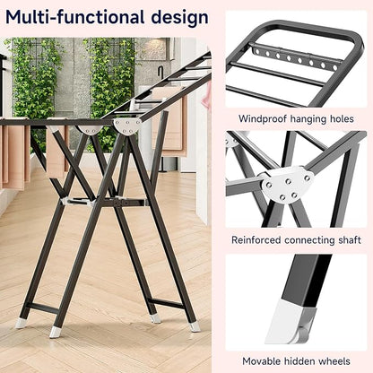 MIKEE Clothes Drying Rack,Stainless Steel Foldable Laundry Drying Rack for Indoor & Outdoor Use，with Height-Adjustable Wings，2-Tier Clothes Rack with Windproof Hanging Holes and Wheels，132 lbs