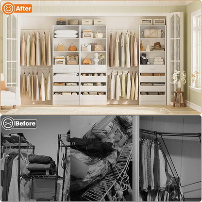 Aheaplus Closet System with 12 Drawers, 8.5-11.5Ft Wood Closet Organizer System with 4 Hanging Rods & 3 Towers, 4Ft & 6Ft L-Shaped Walk-in Closets Wardrobe Organizer Clothes Rack, Set of 3, White