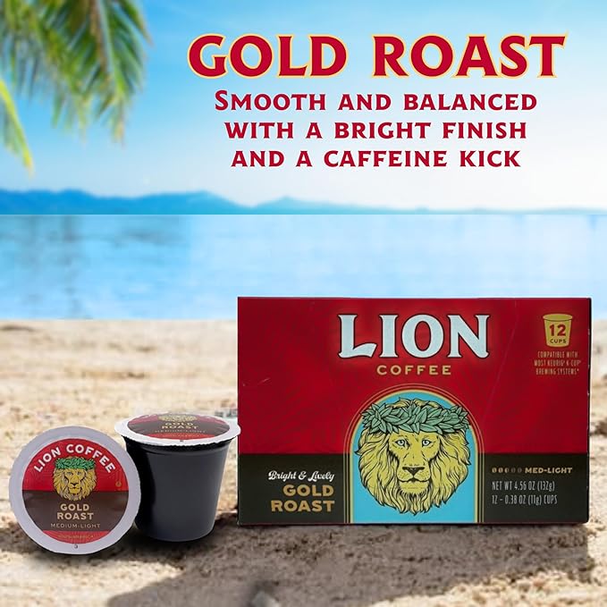 Lion Coffee Gold Roast Coffee Pods - Single-Serve Pods - Smooth Medium Roast - Arabica Coffee - Compatible with Single-Serve Brewing Systems - 12 Count Box