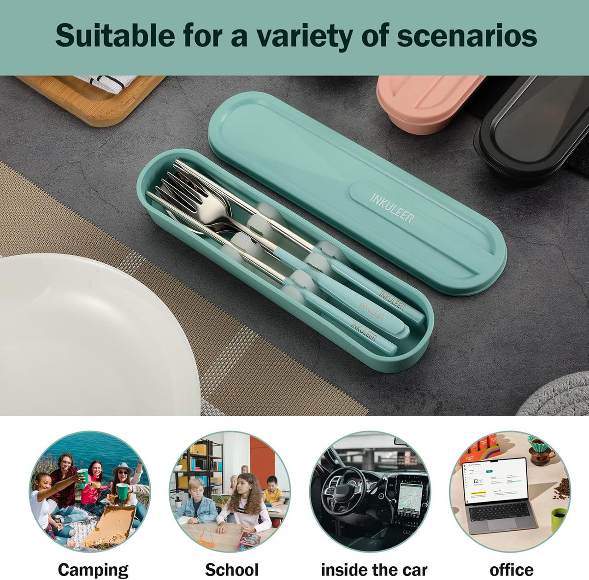 Travel cutlery set, 18/8 stainless steel cutlery, Reusable utensils set with case, Portable Silverware Lunch Box for Camping and Office