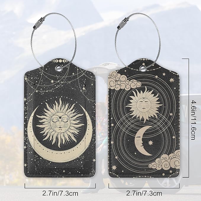 Boho Crescent Moon and Sun with Face Luggage Tags for Suitcases, 2 Pack Cute PU Leather Suitcase Tag Identifiers with Address Card for Baggage Tag