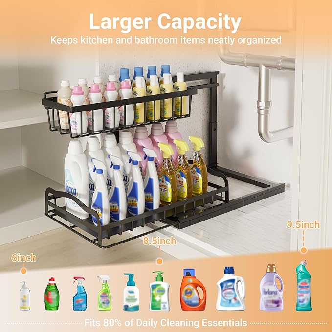 AceMining Under Sink Organizer, 2 Pack Pull-Out Under Cabinet Organizer, 2 Tier Under Sink Storage with Sliding Basket, L-Shaped and Adjustable Height Design for Kitchen and Bathroom