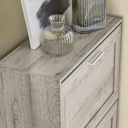 Shoe Cabinet for Entryway, 2-Tier Flip Drawer Shoe Storage Cabinet with Dividers, Shoe Organizer for Small Spaces, Narrow Shoe Rack, Slim Shoe Rack Freestanding, Grey, HUS-FSR137