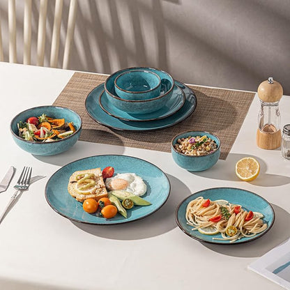 24 Piece Dinnerware Sets for 6， Scratch Resistant,microwave oven and Dishwasher Safe Plates and Bowls Sets Ceramic, Dish Set, Bowl and Plate Set -Kiln turned sea blue