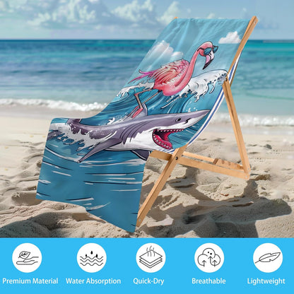 WZOMT Microfiber Flamingo Beach Towel Oversized, Funny Flamingo Riding A Shark Surfing Bath Towels for Kids Adults, Quick Dry Hot Pink Blue Ocean Flamingo Shark Swim Pool Towel 32x52 Inch