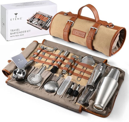 Bartender Travel Kit with Waxed Bag | 22 Piece Bar Set in Roll | Portable Cocktail Tools for Home & Travelling Bartending – Professional Boston Shakers, Unbreakable Melon Squeezer, Accessories