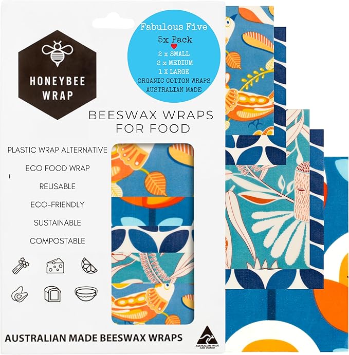 Honeybee Reusable Beeswax Wraps for Food | 5 Pack | Handmade in Australia | Eco Friendly, Organic, Biodegradable, Bee's Wrap for Bowl Covers and Food Storage | Reusable Cling Wrap