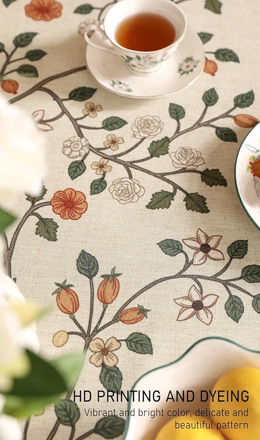 ISAENNE Designer Floral Table Cloth Rectangle,French Linen Light Beige Indoor Tablecloth,Fall Wrinkle Resistant Decor Tablecloths for Dining Thanksgiving Kitchen Party,55"*87"-Flora A
