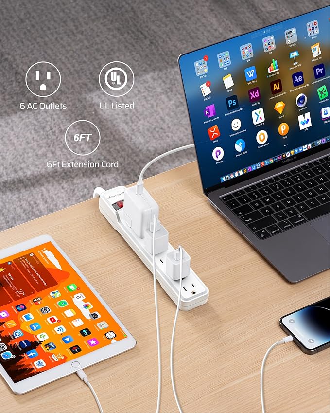DEWENWILS 2-Pack 6-Outlet Power Strip Surge Protector with 6Ft Long Extension Cord, Low Profile Flat Plug, 15 Amp Circuit Breaker, 500 Joules, Wall Mount, White, UL Listed