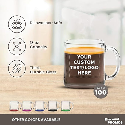 Custom Libbey Clear Glass Coffee Mugs 13 oz. Set of 100, Personalized Bulk Pack - Perfect for Coffee, Tea, Espresso, Hot Cocoa, Other Beverages - Clear Bottom