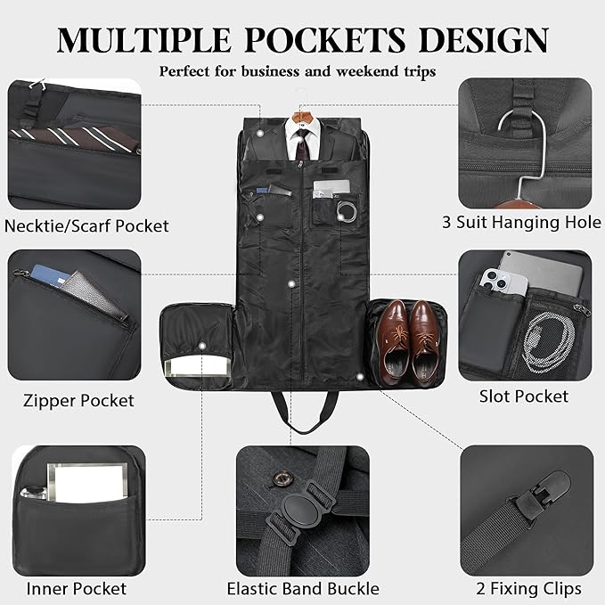 Canvas Garment Bags for Travel, Convertible Carry On Garment Duffel Bag for Men Women, 2 in 1 Suit Bag Hanging Suitcase Business Travel Bag with Shoe Compartment (Black, XL)