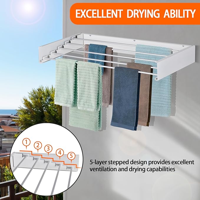 FOCHIER F Laundry Drying Rack Wall Mounted Clothes Drying Rack Collapsible with 4 Aluminum Rods and Drilling Template Long Screwdriver Bit 60 lbs Capacity (White, 40")