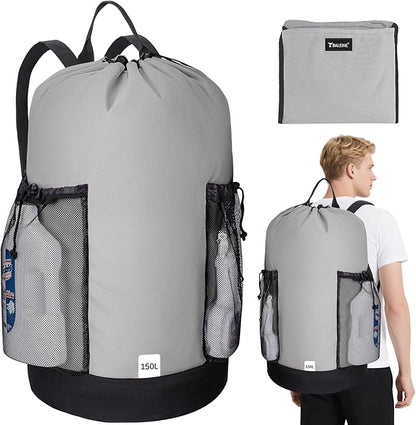 BALEINE 150L Laundry Bag Backpack, 900D Oxford Fabric Large Travel Laundry Bags with Shoulder Straps and 2 Mesh Pockets for College Dorm, Apartment, Laundromat (Grey, 150L)