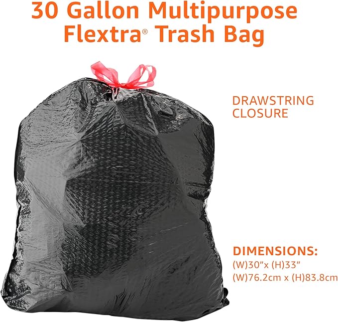 Amazon Basics Flextra Multipurpose Drawstring Trash Bags, 30 Gallon, 50 Count
