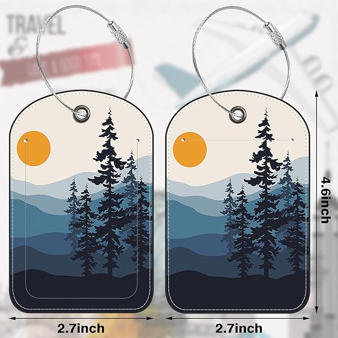 2 Pack Luggage Tag for Suitcase Sun Mountains Tree River Landscape Leather Suitcase Tags with Privacy Name ID Label and Stainless Steel Loop for Travel Bag