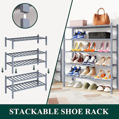 Smiry Shoe Rack, 4 Tier Bamboo Shoe Organizer, Stackable Free Standing Wooden Shoe Storage Shelf for Closet, Entryway, Front Door Entrance, Grey