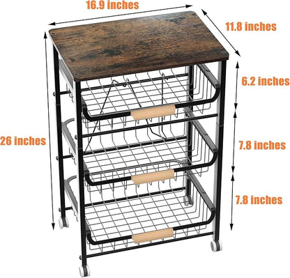 4-Layer Fruit Basket Kitchen Food Organizer and Rack, Stackable Storage Cart with Desktop, Pull-Out Hollow Metal Basket, Sliding Out Storage (Black 4-Layer Rack)