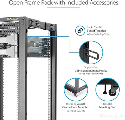 StarTech.com 4-Post 25U Mobile Open Frame Server Rack, 19in Network Rack with Wheels, Rolling Rack for Computer/AV/Data/IT Equipment - Casters, Leveling Feet or Floor Mounting (4POSTRACK25U)