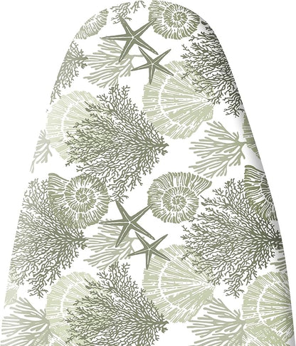Extra Thick Ironing Board Cover and Pad, Coastal Summer Beach Coral Starfish 15x54 Ironing Board Cover, Resist Scorching and Staining,Elastic Edges,Seaside Conch Nautical Green White