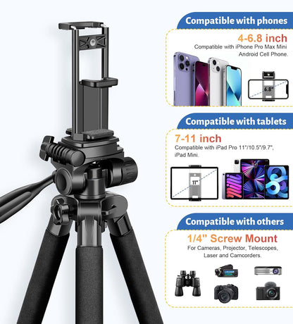JOILCAN Tripod for Camera, 67" Heavy Duty Camera Tripod, Phone Tripods for Video Recording Photo Vlog, Aluminum Tripods with Holder & Travel Bag for Cameras DSLR iPhone Projector Laser