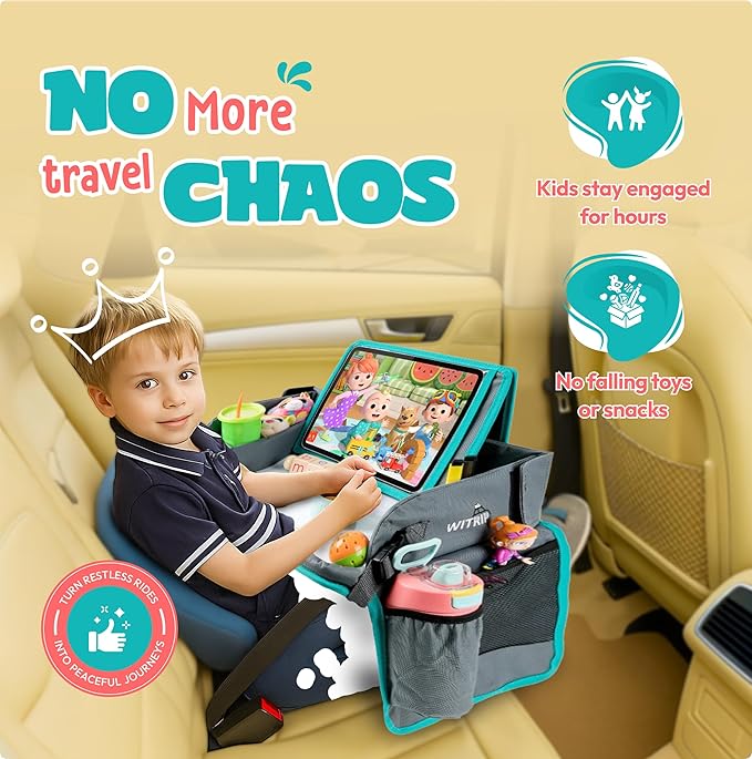Kids Travel Tray with Dry Erase Board - Car Seat Tray for Kids Travel, Carseat Table Top for Toddler, Lap Desk for Car Seat, Activity Organizer & Snack Holder, Road Trip Essentials for Kid (Aqua)