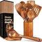 12 Pcs Teak Wooden Utensil Set with Holder & Spoon Rest, Wooden Spoons for Cooking with Comfort Grip, Wooden Cooking Utensils Set for Nonstick Cookware, Lightweight & Heat Resistant Kitchen Utensils