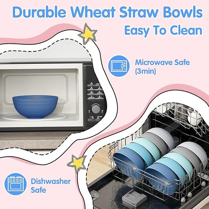 Quatish 16 PCS Unbreakable Cereal Bowls,Dishwasher & Microwave Safe Wheat Straw Bowls, Easy-to-Clean Lightweight Snack & Soup Bowl,Multi-Color Portable for Picnics Plastic Bowls Set, Blue