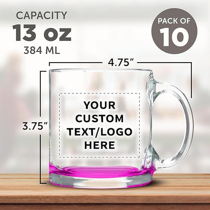 Custom Libbey Clear Glass Coffee Mugs 13 oz. Set of 10, Personalized Bulk Pack - Perfect for Coffee, Tea, Espresso, Hot Cocoa, Other Beverages - Pink Bottom