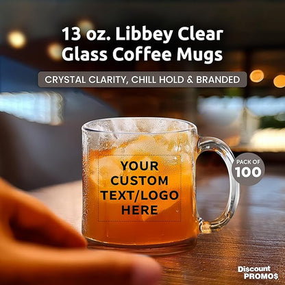 Custom Libbey Clear Glass Coffee Mugs 13 oz. Set of 100, Personalized Bulk Pack - Perfect for Coffee, Tea, Espresso, Hot Cocoa, Other Beverages - Black Bottom