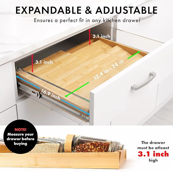 Bamboo Spice Drawer Organizer - Expandable 4 Tier Spice Rack (Need 3" Deep Drawer) 12" to 24" Wide, Seasoning Organizer, Organization Seasoning Rack insert (Jars Not Included)