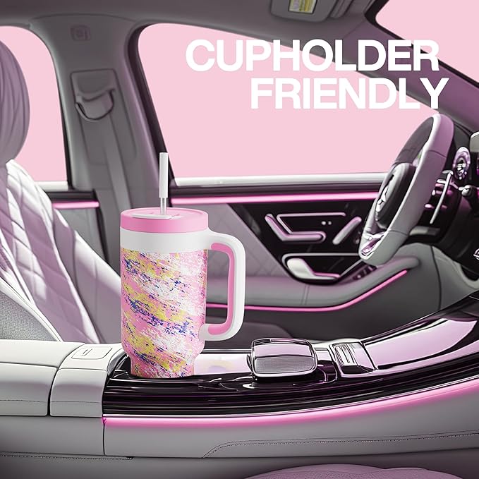 POWCAN 40 oz Tumbler with Handle, 2-in-1 Straw and Sip Lid, Leakproof, Dishwasher Safe, Insulated Stainless Steel Travel Coffee Mug, Keeps Cold for 34 Hours, Fits in Car Cup Holder (Pink Ladies)