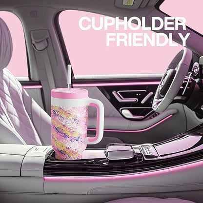 POWCAN 40 oz Tumbler with Handle, 2-in-1 Straw and Sip Lid, Leakproof, Dishwasher Safe, Insulated Stainless Steel Travel Coffee Mug, Keeps Cold for 34 Hours, Fits in Car Cup Holder (Pink Ladies)