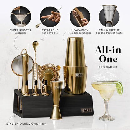 BARE BARREL® Mixology Bartender Kit Bar Set | 14-Piece Cocktail Shaker Set | Martini Barware Mixing Tools for Home Bartending | Incl. 35 Recipe Cards | Gift Set (28oz Boston Shaker, Gold/Black)