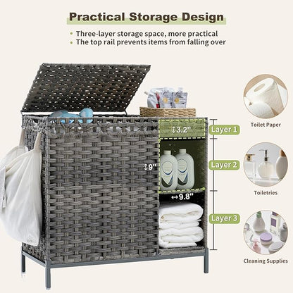Laundry Hamper with Lid, 110L (29.1 Gal) Rattan Laundry Hamper 2 Section with 50L (13.2 Gal) Storage Shelf, Wicker Woven Laundry Sorter Basket with 3 Liner Bags and Handles, Gray GLH002G