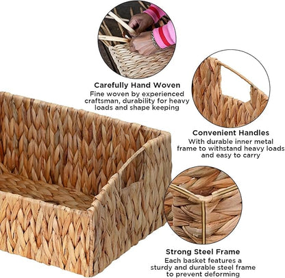Ollieroo Natural Water Hyacinth Storage Baskets, Handwoven Wicker Storage Bins with Built-in Handles, Storage Container Baskets for Shelves, Bedroom, Bathroom, Laundry Room or Kitchen(Set of 3)