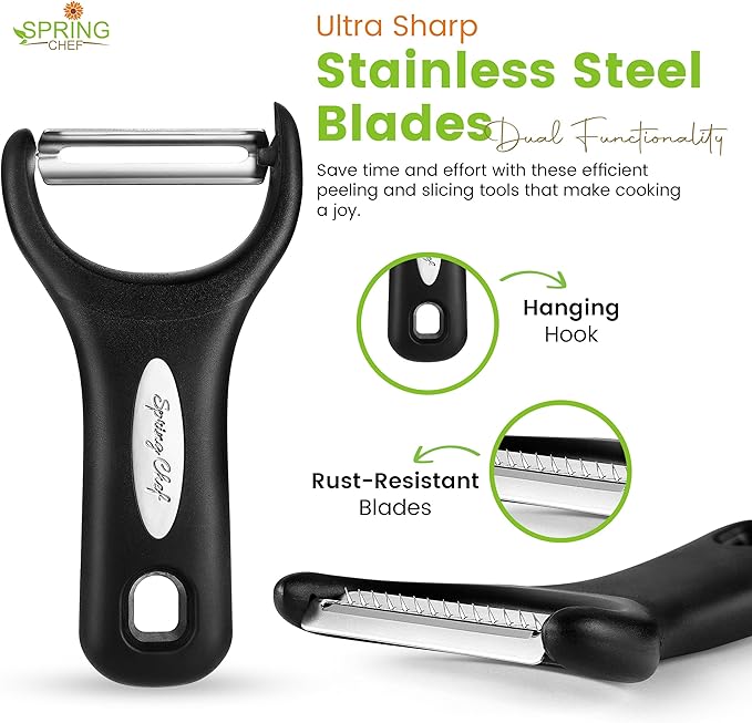Spring Chef Premium Y & Vegetable Julienne Peeler Set for Kitchen with Stainless Steel Sharp Blades - Carrot Peelers with Comfortable Handles - Perfect for Zucchini, Cucumber, Papaya, Potato - Black
