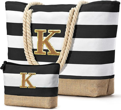Becokan Beach Bag Initial Beach Tote with Makeup Bag for Travel Work Storage Personalized Birthday Gifts for Women Her