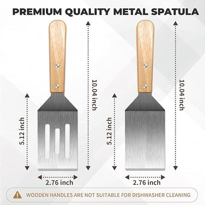 Stainless Steel Spatula Set, Metal Spatula for Cast Iron Skillet, Metal Spatulas for Kitchen Use with Wooden Handle, Ideal for Frying Steak, Pancake, Cookie, Burger, Brownie or Desserts