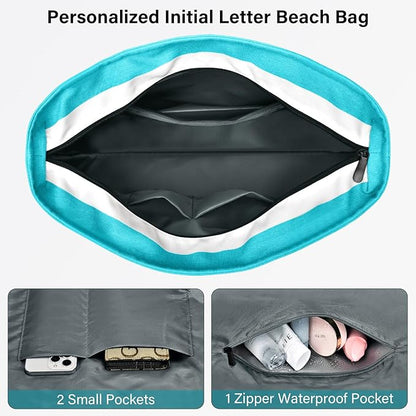 Becokan Beach Bag Initial Beach Tote with Makeup Bag for Travel Work Storage Personalized Birthday Gifts for Women Her