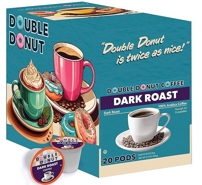 Double Donut Coffee Dark Roast Coffee Pods, Extra Bold Blend Coffee, Compatible with Keurig K Cups Brewers, 20 Count 20 Count