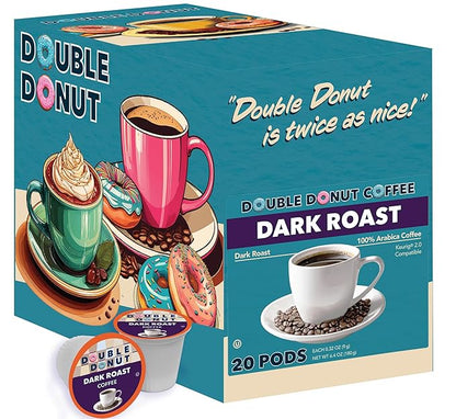 Double Donut Coffee Dark Roast Coffee Pods, Extra Bold Blend Coffee, Compatible with Keurig K Cups Brewers, 20 Count 20 Count