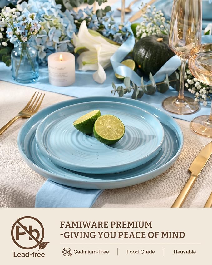 Dinnerware Sets for 6, Ceramic Plates and Bowls, Ice Blue | 18-Piece Ceramic